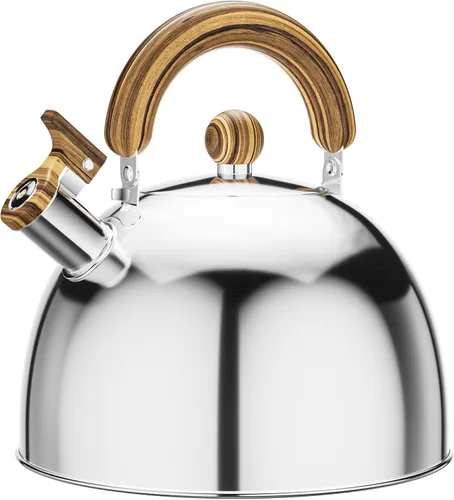 Vista 13 de Tetera silbante de 2.6 cuartos de galón para estufa, acero inoxidable de grado alimenticio con mango de madera fría, compatible con inducción