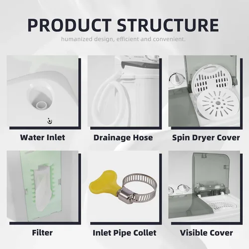 Vista 5 de Elevon Lavadora Portátil de Doble Tina de 9.9 Libras de Capacidad, (7.7 Libras) y Centrifugadora (2.2 Libras) Combo Mini Lavadora Compacta