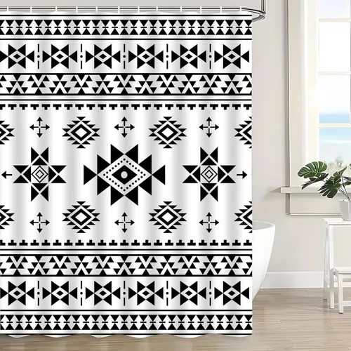 Vista 3 de Cortina de ducha azteca, color negro, blanco, bohemio, tribal, suroeste, navajo, nativo, étnico, abstracto, geométrico, triangular, a rayas