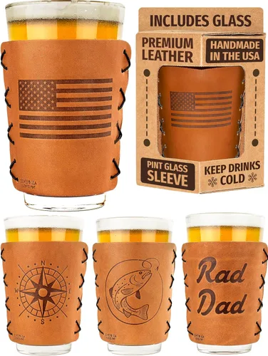 Oowee Funda de cuero genuino + vidrio de pinta, se adapta a vasos de pinta de 16 onzas y vasos de cerveza, gran soporte para cerveza y soporte para