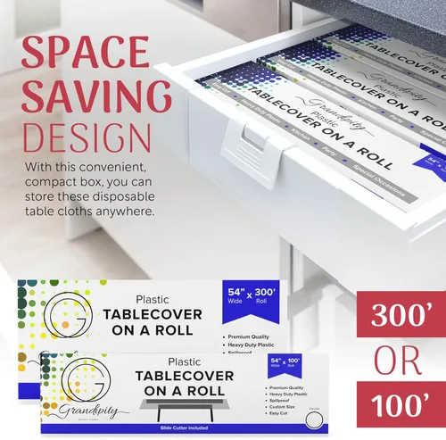 Vista 6 de Grandipity Rollo de mantel de plástico, 54 x 300 pies, manteles de plástico azul para fiestas, desechables con caja de corte, mantel desechable