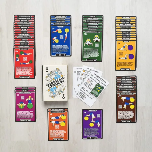 Vista 4 de Stack 52 - Tarjetas de ejercicio, diseño de bola Juego de cartas de entrenamiento con bola suiza. Instrucciones de vídeo incluidas. Programa