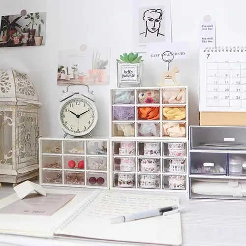 Vista 4 de Feadily Small Parts Organizer 9 Drawer Desktop Storage Box with Clear Drawers White 2 Pack