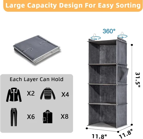 Vista 2 de 4-Shelf Hanging Closet Organizer and Storage, Collapsible Hanging Shelves for Closet with 2 Side Pockets, Hanging Shoe Organizer to Saving Space,Grey