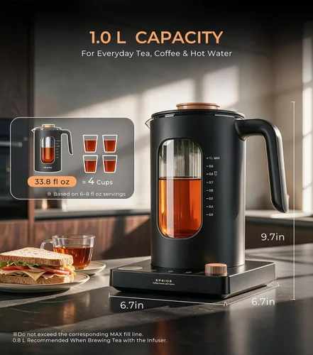 Vista 6 de Epeios Tetera eléctrica con infusor, control de temperatura de 1 ℉, 1 L Gris-oscuro
