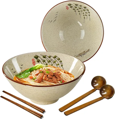 Juego de cuencos de cerámica para ramen, 2 juegos de 34 onzas, cuencos grandes de sopa de fideos japoneses con cucharas y palillos para sopa