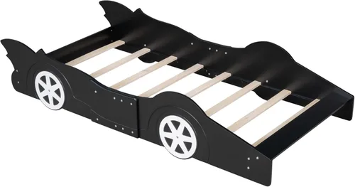 Vista 6 de Cama de plataforma en forma de auto de carreras con ruedas, cama de plataforma de madera tamaño individual con barandilla, cama de plataforma