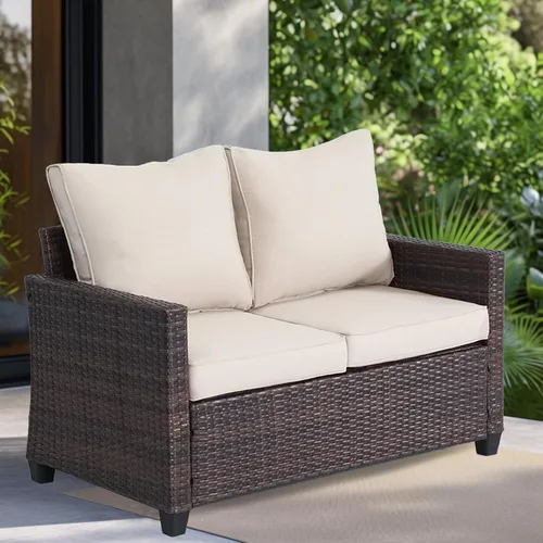 EortheX Sofá biplaza para patio al aire libre, sofá biplaza de mimbre para todo tipo de clima con cojines, sofá de ratán para 2 personas para