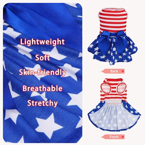 Vista 3 de PUPTECK Vestido estampado para perro, ropa para mascotas para el 4 de julio con lindo corbatín para cachorros, bandera, XS