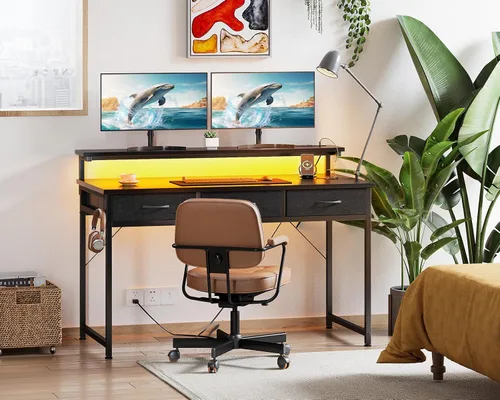 Vista 29 de ODK Escritorio pequeño para computadora de 40 pulgadas con 3 cajones y tomas de corriente USB, escritorios de oficina en casa con luces LED