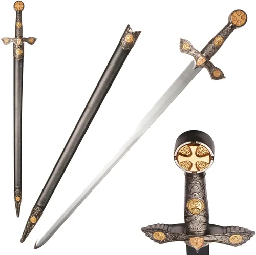Stainless Steel Medieval Star of David King Solomon Cross Crusader Knight Templar Sword for Collection, Cosplay, Display
