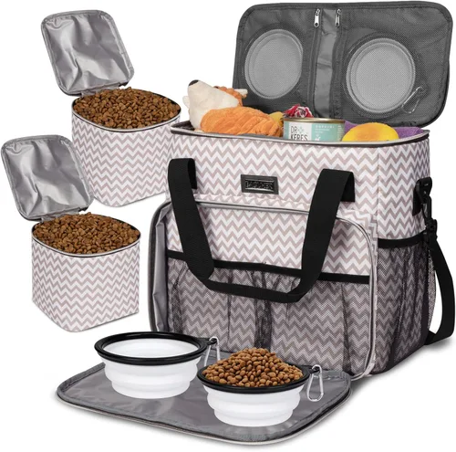 BAGLHER Bolsa de viaje para perros, bolsa de viaje para mascotas (todos los suministros de viaje para mascotas), con 2 recipientes de comida para