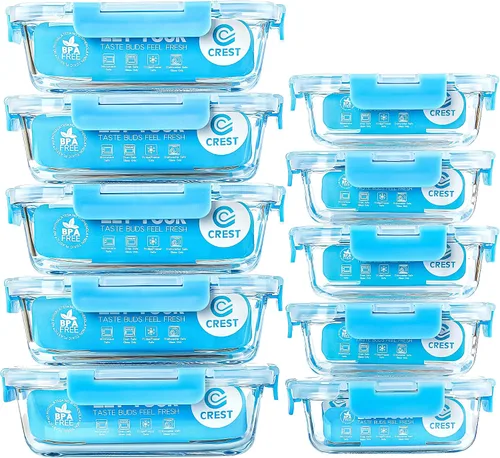 C CREST Contenedores de vidrio para preparación de comidas, [paquete de 10] recipientes de vidrio para almacenamiento de alimentos con tapas, cajas