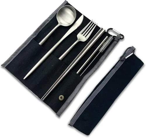 Vista 15 de JASHII Utensilios portátiles, juego de cubiertos de viaje y campamento, 7 piezas de cubiertos de acero inoxidable 304, incluye cuchillo, tenedor