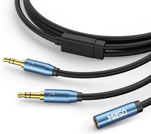 MillSO Divisor de audio, hembra a 2 machos TRS divisor de audio de 0.138 in, cable adaptador de auriculares estéreo azul zafiro y chapado en oro