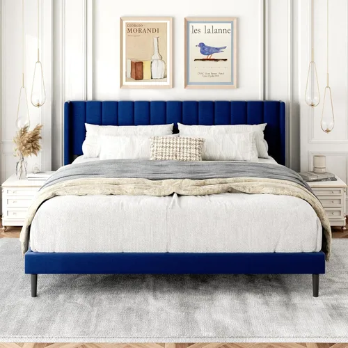 Vista 76 de Base de cama tamaño Queen con cabecera tapizada con respaldo de ala, plataforma de fácil montaje, soporte de listones de madera, no necesita somier