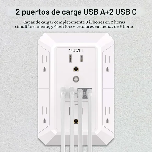 Vista 2 de Protector de sobretensiones extensor de salida – Divisor de 6 salidas con 4 puertos USB (2 USB-C), enchufe múltiple de pared 1680J regleta