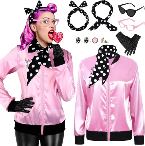 AOTHSO Chaqueta de satén rosa de los años 50 con bufanda de lunares, diadema, aretes, gafas, disfraz de Halloween para mujer, 8 piezas