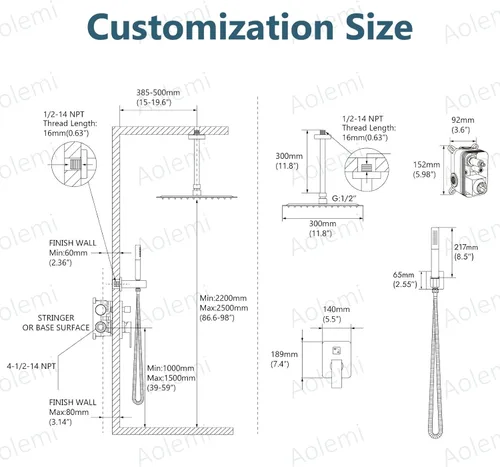 Vista 8 de Aolemi Sistema de ducha de montaje en techo con cabezal de ducha de lluvia y mano, juego de grifos de ducha de alta presión con válvula