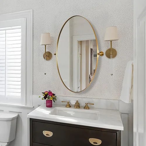 MOON MIRROR Espejo pivote ovalado dorado para tocador de baño montado en la pared, marco de metal inclinable (23.75 x 28 pulgadas)