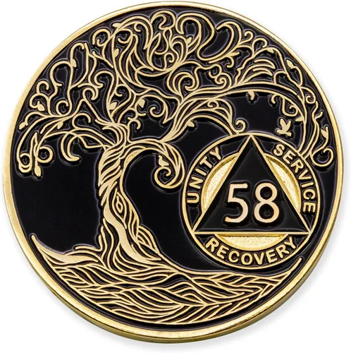 Vista 191 de 1 año Sobriety Mint Twisted Tree of Life Medallón de recuperación AA chapado en oro, chip/ficha - negro