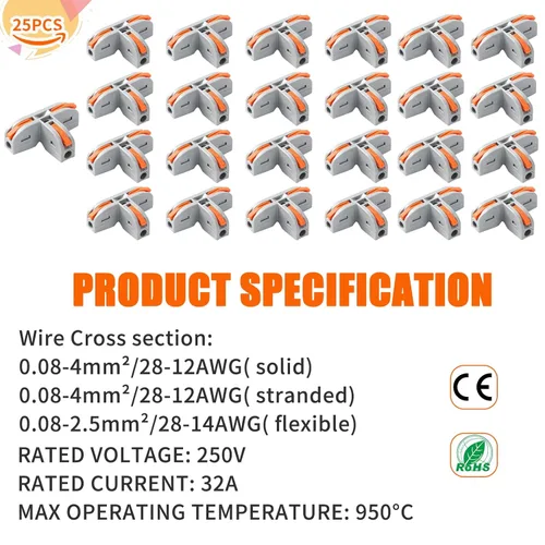 Vista 2 de Idong - 25 conectores de alambre de tuerca de palanca en forma de T, conector conductor de cable compacto, divisor rápido de 3 pines, conector