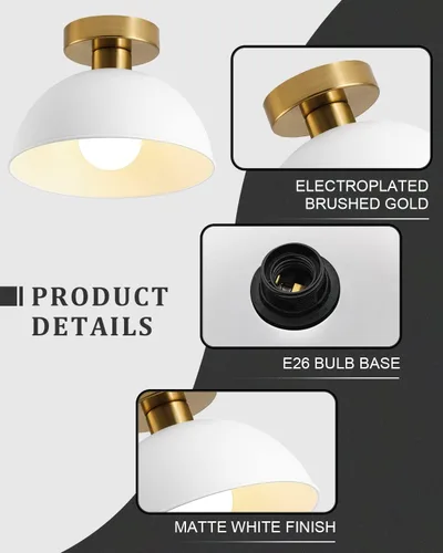 Vista 3 de Lámpara de techo industrial semiempotrada con placa dorada y pantalla negra mate, lámpara de techo de granja para cocina, isla, comedor, vestíbulo