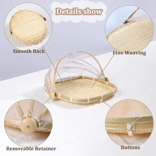 Vista 4 de Cesta de bambú para servir alimentos con tapa, cesta cuadrada tejida a mano para pan y verduras, contenedor de almacenamiento de alimentos a prueba