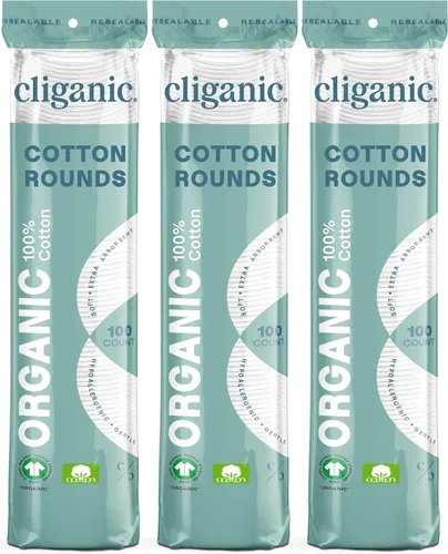Cliganic Almohadillas desmaquillantes redondas de algodón orgánico (300 unidades), hipoalergénicas, sin pelusas, 100% algodón puro (el embalaje