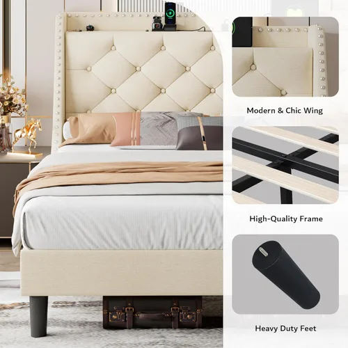 Vista 7 de iPormis Marco de Cama Queen con Respaldo Wingback de Confort de 16" y Estación de Carga, Cama de Plataforma Tapizada con Cabecera de Almacenamiento