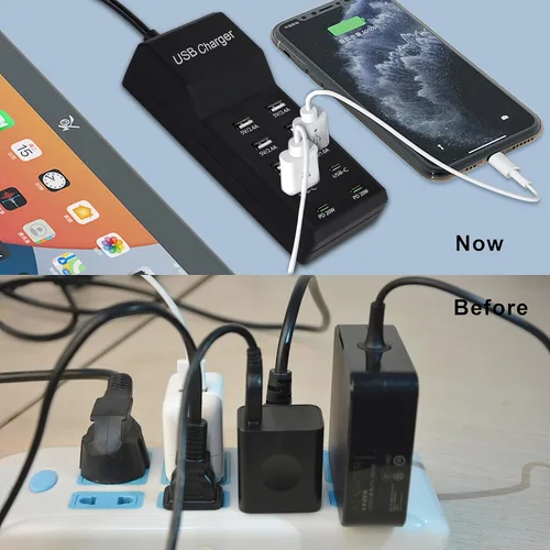 Vista 2 de Cargador USB, estación de carga USB de 100 W con 10 puertos (6 puertos USB-A y 2 puertos USB-C y 2 PD20W) compatible con iPhone 15/14/13/13Pro Max