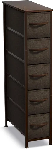 Vista 8 de Sorbus Cómoda estrecha con 4 cajones - cómoda de almacenamiento vertical delgada con marco de acero, parte superior de madera y contenedores de tela