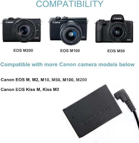 Vista 2 de Kimaru ACK-E12 Adaptador de corriente de CA DR-E12 Acoplador DC LP-E12 Kit de batería ficticia para cámaras Canon EOS M10, M50, M50 Mark ii, M100