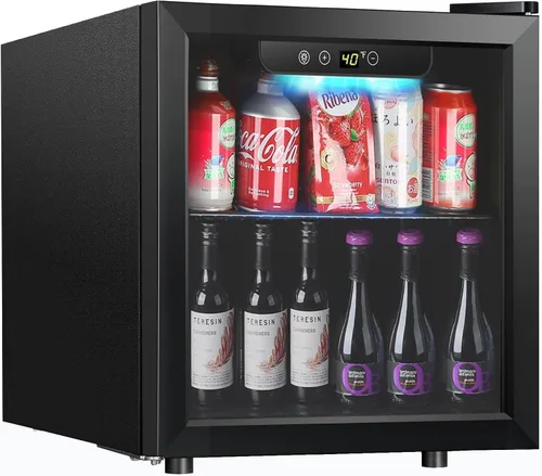 Kndko Mini refrigerador de bebidas – Mini refrigerador de 48 latas con control digital de temperatura, luz LED, puerta reversible, perfecto para el