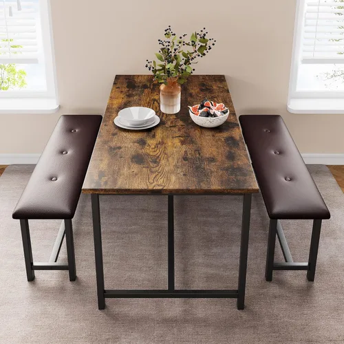 Vista 16 de IDEALHOUSE Juego de mesa de comedor para 4, mesa de cocina con banco tapizado, juego de mesa de comedor rectangular de 3 piezas con 2 bancos