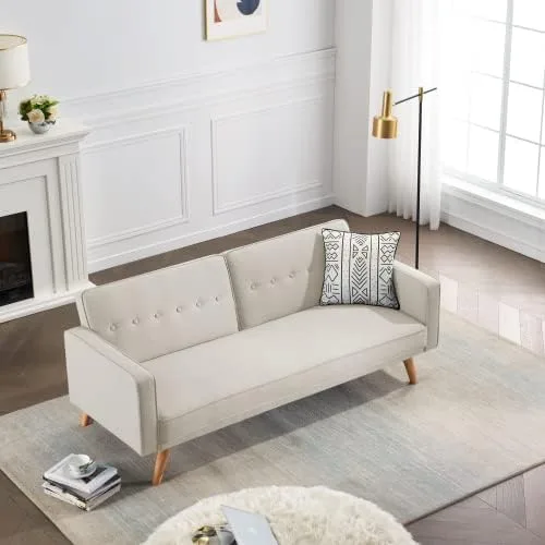 Vista 14 de Sofá cama tipo futón convertible, sofá cama plegable de lino moderno con respaldo dividido, respaldo ajustable, reposabrazos, marco de madera y Verde