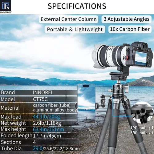 Vista 2 de Trípode de fibra de carbono-INNOREL CT75C - Trípode de viaje portátil profesional compacto para cámara de video digital DSLR, carga de 44.1 lb/20