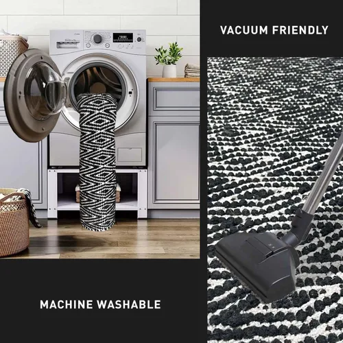 Vista 3 de Chardin home Alfombra de pasillo 100% algodón con diamantes de 2 x 5 pulgadas, totalmente reversible, lavable a máquina, blanco y negro