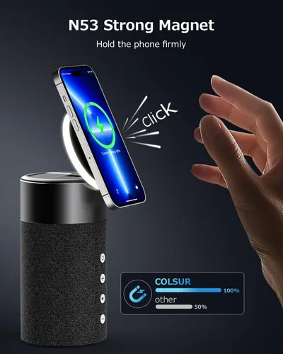 Vista 3 de COLSUR Altavoz Bluetooth, cargador inalámbrico magnético, altavoces Bluetooth con luz nocturna, estación de carga inalámbrica 2 en 1 para iPhone