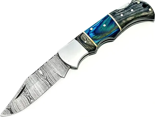 Vista 2 de Cuchillo de bolsillo de acero de Damasco, hecho a mano, cuchillo plegable de alta calidad para hombres, cuchillo al aire libre para camping