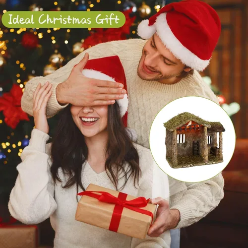 Vista 6 de Fovths Figura de pesebre estable iluminada de 14.5 pulgadas, figura religiosa de Navidad, pesebre estable de resina, decoración de mesa, techo