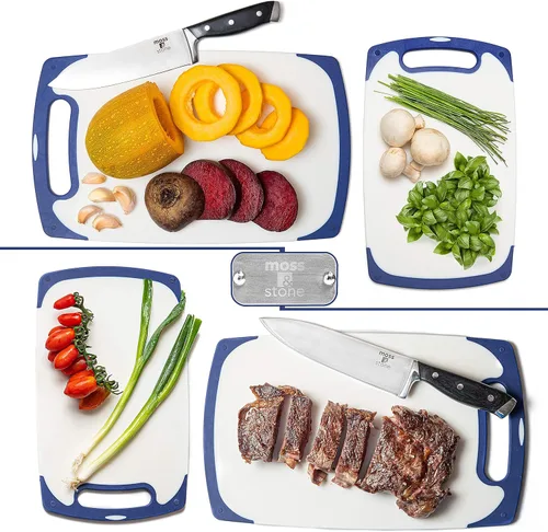 Vista 4 de Moss & Stone 2 tablas de cortar para cocina y cuchillo de chef, polipropileno y aptas para lavavajillas, 2 tablas de cortar con mango de agarre sin