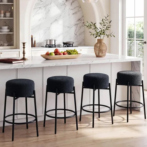 Vista 13 de Juego de 2 taburetes de bar modernos de altura de mostrador, taburetes de bar giratorios negros Boucle para isla de cocina, cómodas sillas tapizadas