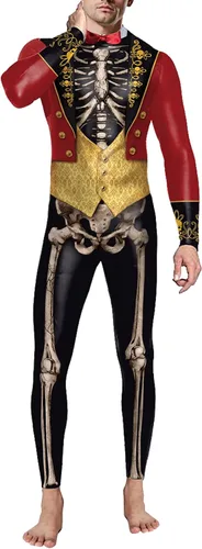 Vista 6 de Disfraz divertido de Halloween para hombre, diseño de esqueleto, overol para cosplay Azul