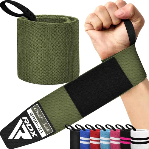 RDX Muñequeras para levantamiento de pesas (par), aprobadas por IPL y USPA, correas elásticas de algodón de 18" con soporte y bucle para el pulgar,