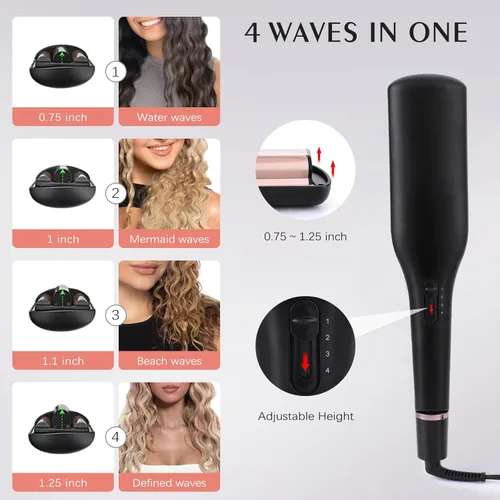 Vista 3 de Crimpadora de cabello 4 en 1, barril ajustable para diferentes looks ondulados, herramienta de cabello ondulado de 3 barriles para mujeres