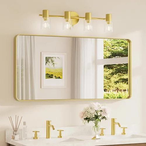 Vista 20 de TETOTE Espejo de marco dorado cepillado de 16 x 24 pulgadas, espejo de tocador de baño de latón dorado para pared, espejo enmarcado rectangular