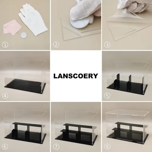 Vista 6 de LANSCOERY vitrina de acrílico transparente, soporte de 3 niveles con base negra, escaparate de protección a prueba de polvo para figuras