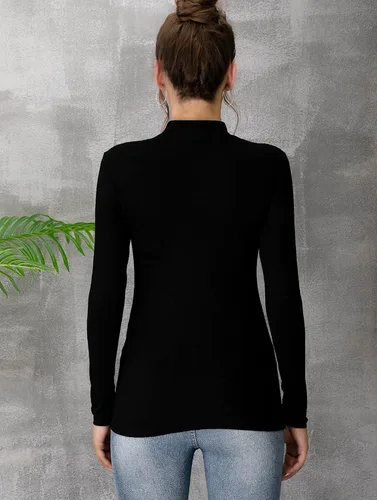 Vista 4 de MANGDIUP Camiseta básica de manga larga con cuello alto falso para mujer, sin mangas, ajustada