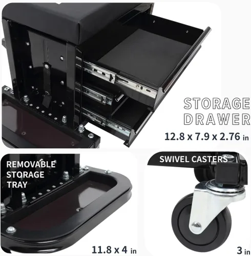 Vista 4 de Pro-Lift Mecánico - Asiento de rodillo con caja de herramientas, taburete de 3 cajones con cojín de asiento acolchado para enredadera de garaje